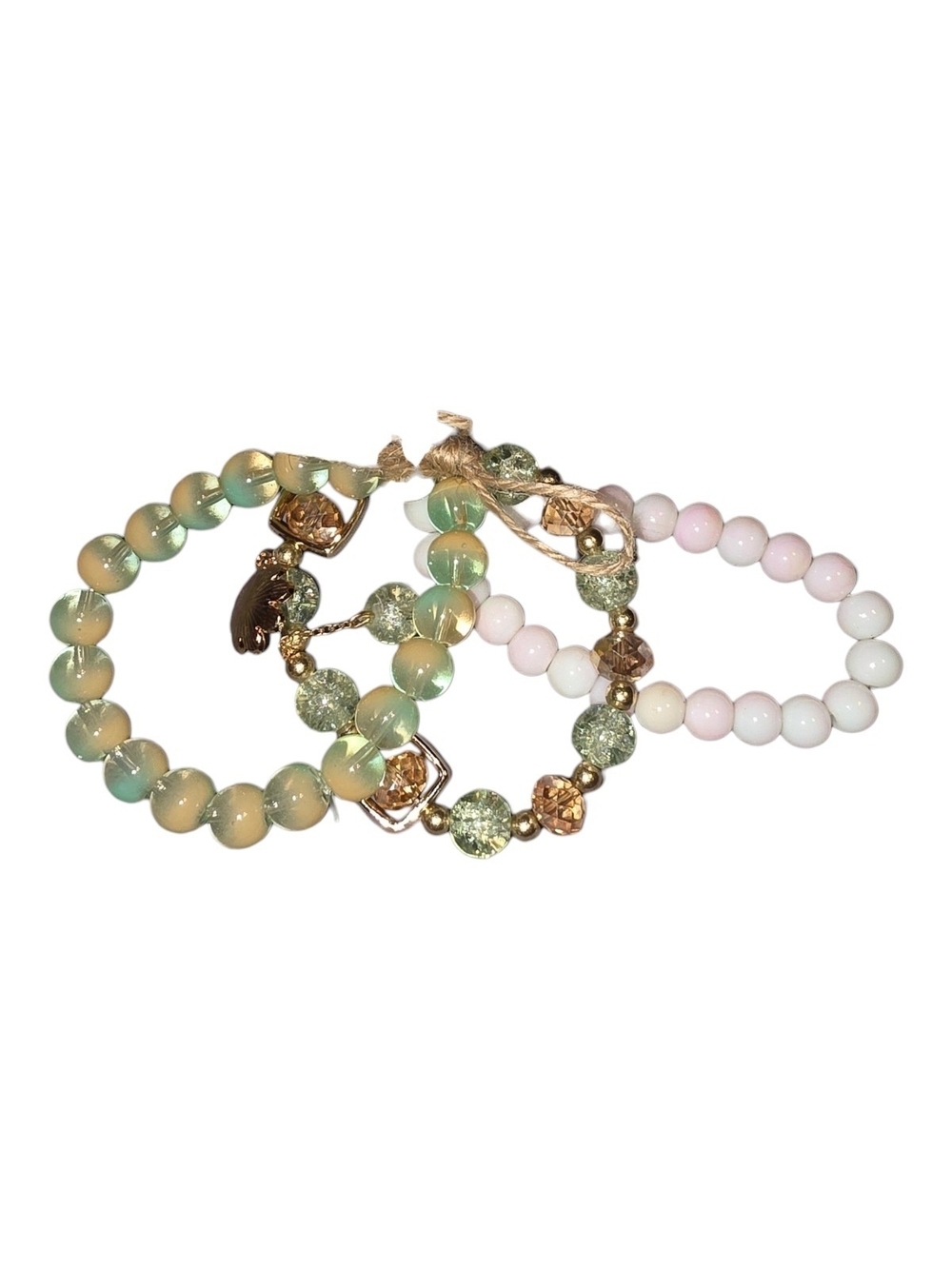 Handmade By Ashlea Hodges. Set Of Three Green And White Beaded Bracelets - New